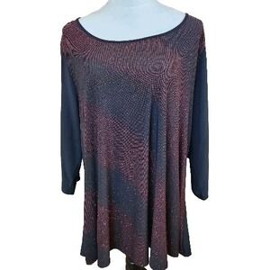 Notations Womens Liquid Knit Sparkle Top Size 2X Red & Black Holiday Tunic Shirt